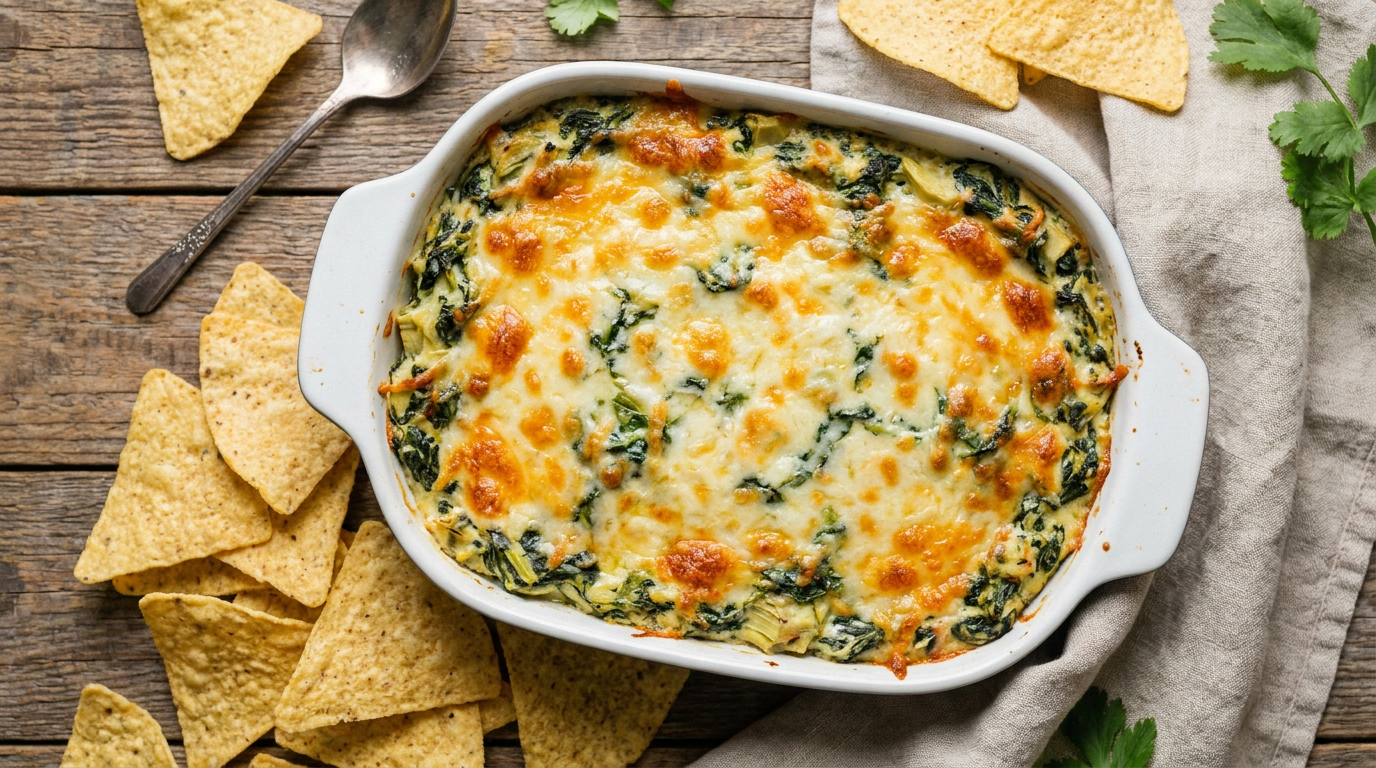 Copycat Applebee's Spinach Artichoke Dip hot from the oven