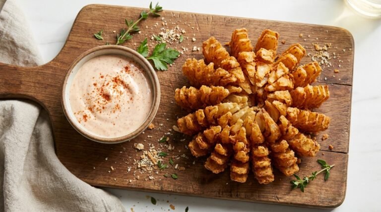 Copycat Outback Bloomin' Onion Sauce with a fried onion