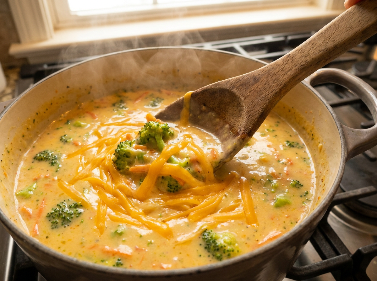 Stirring melted sharp cheddar into homemade broccoli cheddar soup