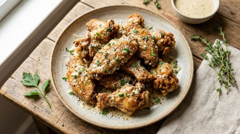 Copycat Buffalo Wild Wings Parmesan Garlic Sauce on wings