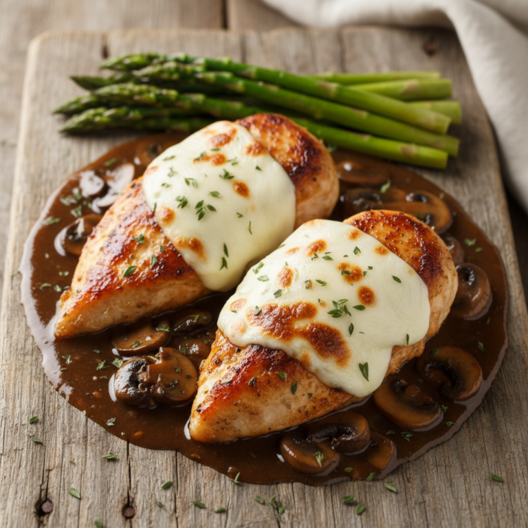 Copycat Cheesecake Factory Chicken Madeira with asparagus