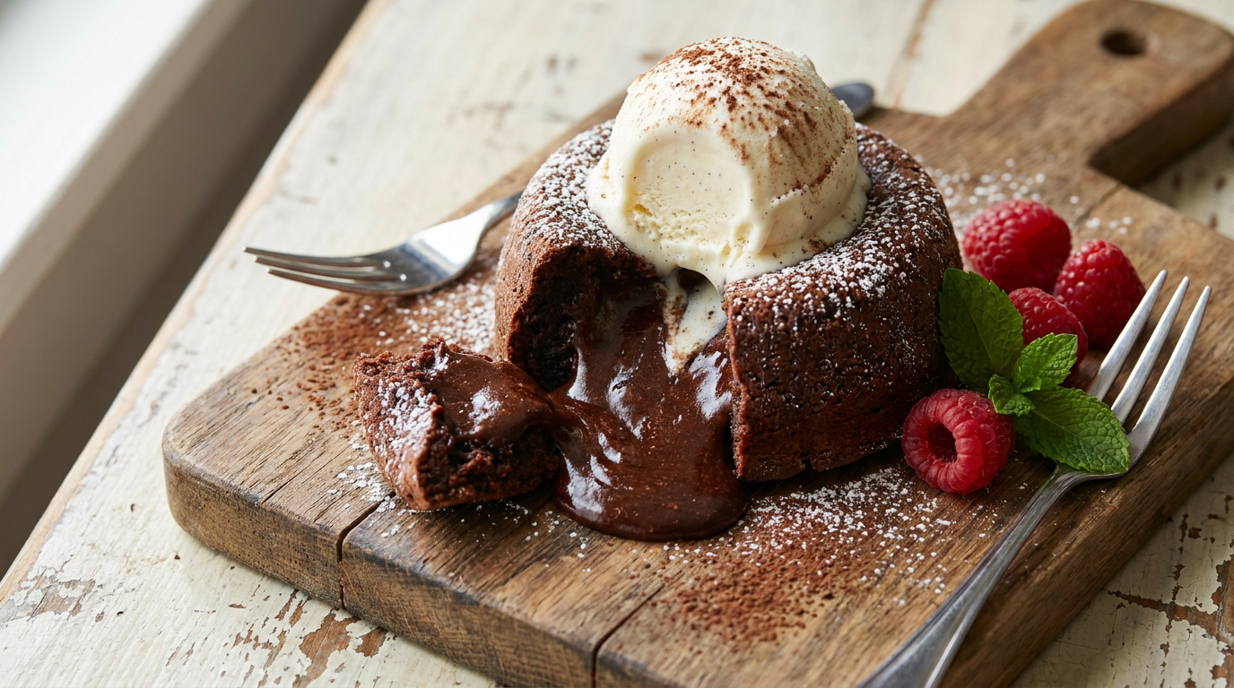 Copycat Chili's Molten Lava Cake with gooey center and ice cream