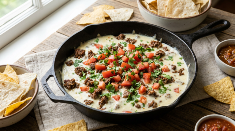 Copycat Chili's Skillet Queso in a cast-iron skillet with tortilla chips