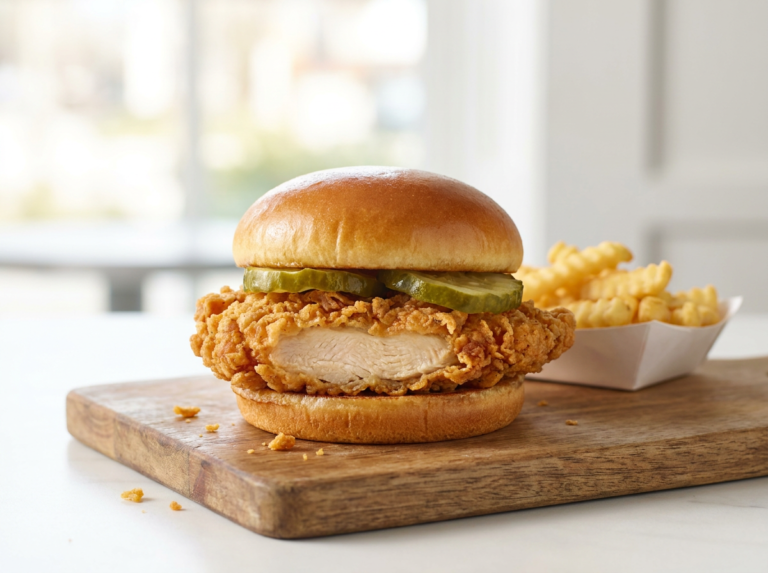 Copycat Chick-fil-A chicken sandwich with pickles on a brioche bun
