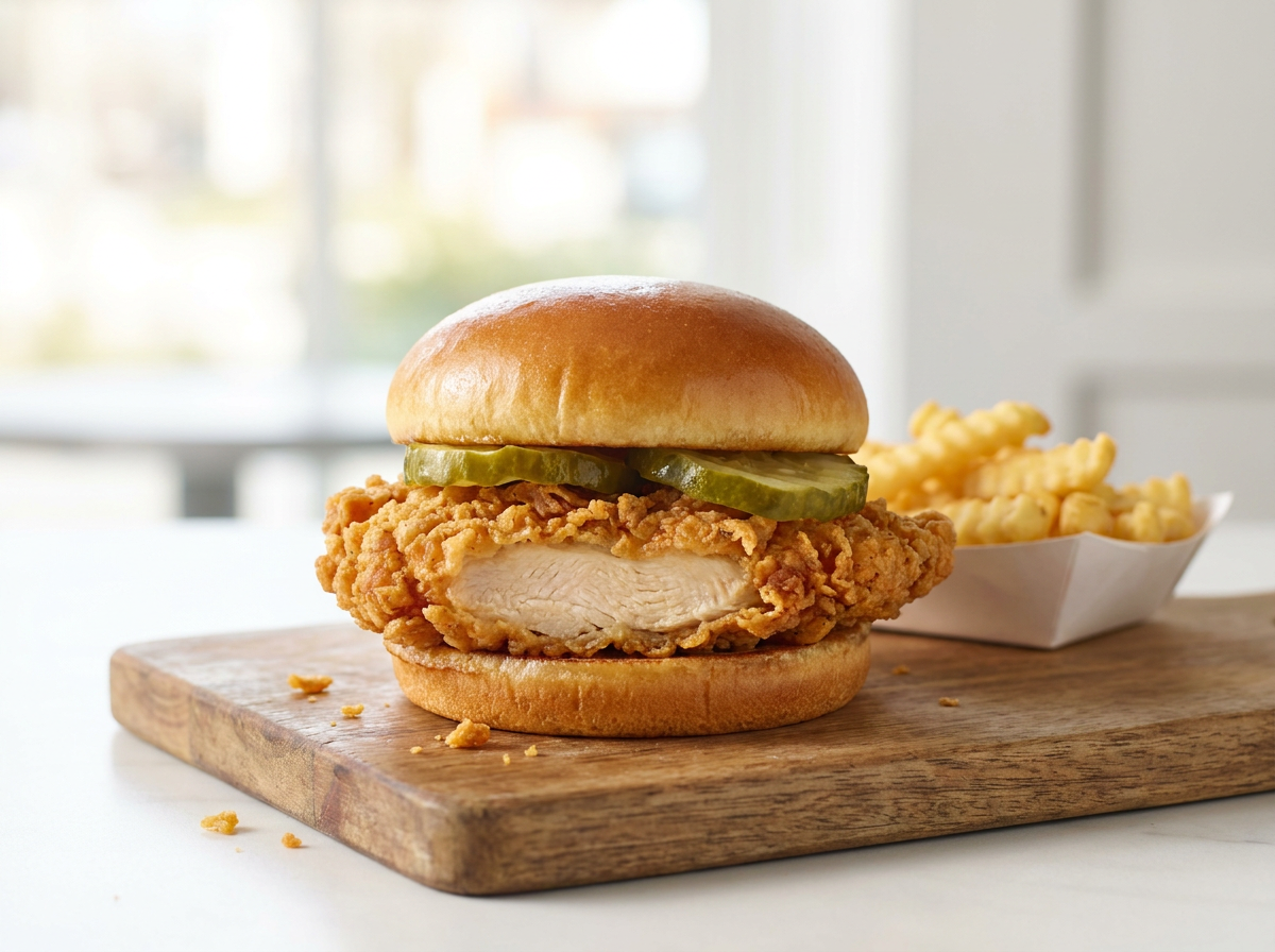 Copycat Chick-fil-A chicken sandwich with pickles on a brioche bun