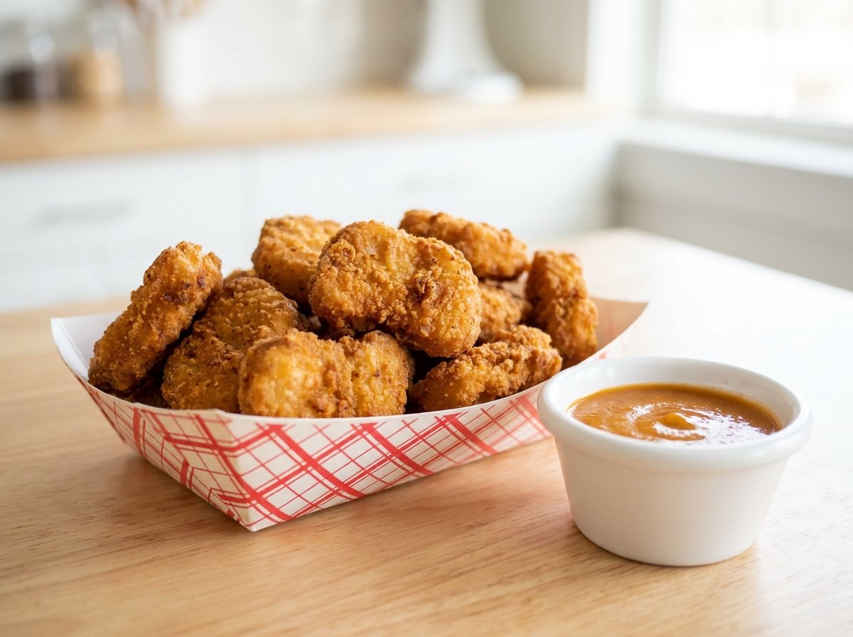 Copycat Chick-fil-A chicken nuggets in a tray with dipping sauce