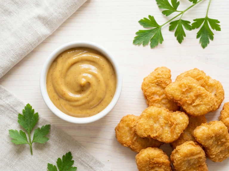 Copycat Chick-fil-A sauce in a small bowl with chicken nuggets
