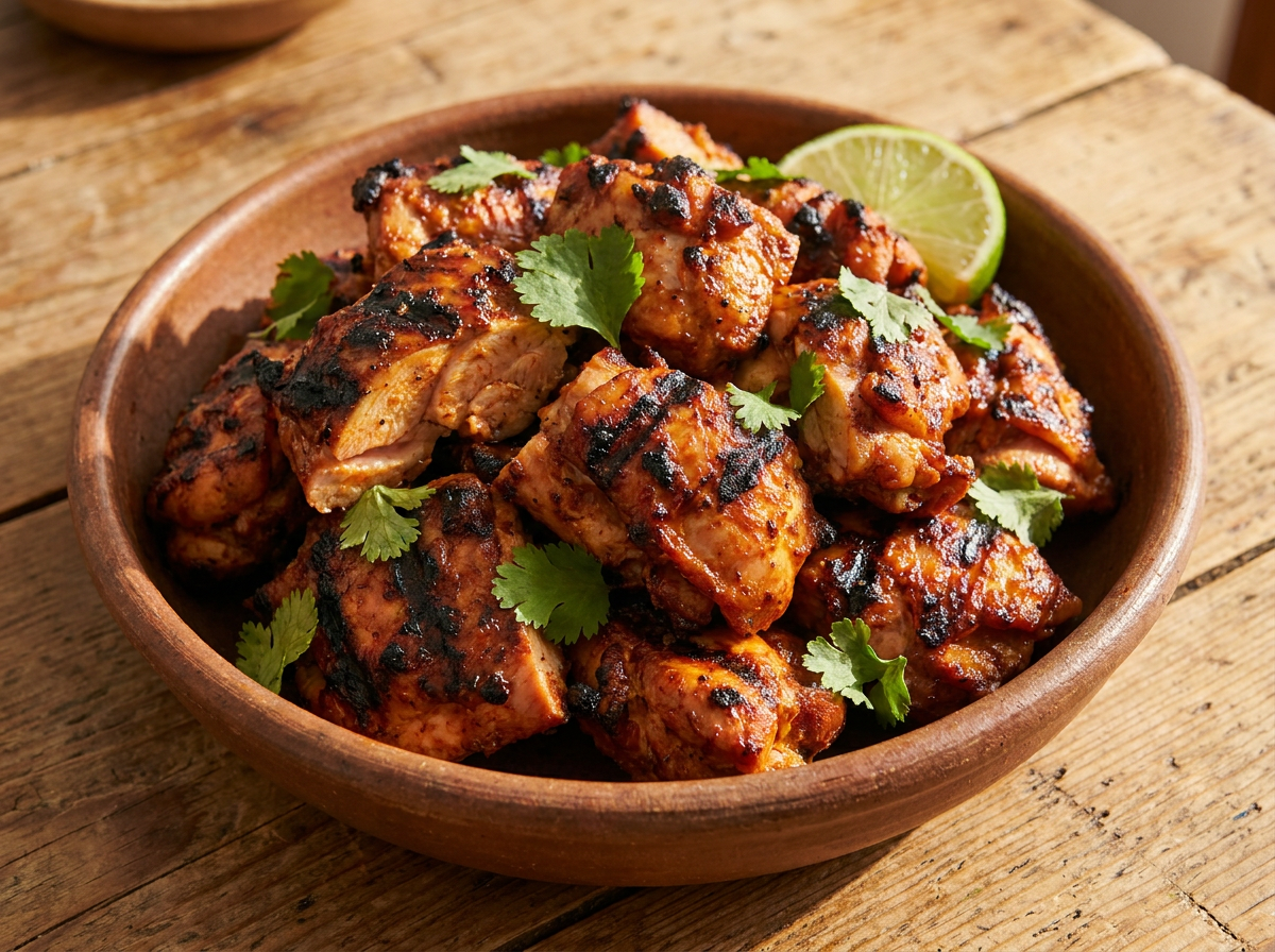 Copycat Chipotle chicken, charred and chopped in a bowl