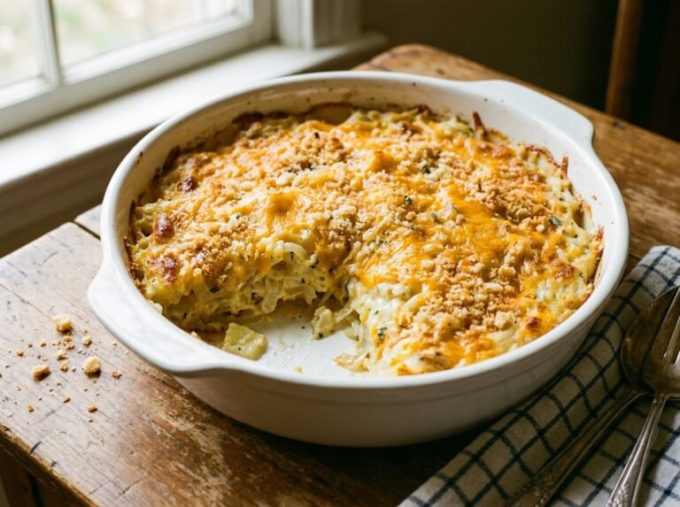Copycat Cracker Barrel hashbrown casserole, cheesy and golden in a baking dish