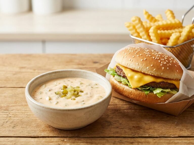 Copycat McDonald's Big Mac sauce in a bowl with a burger and fries