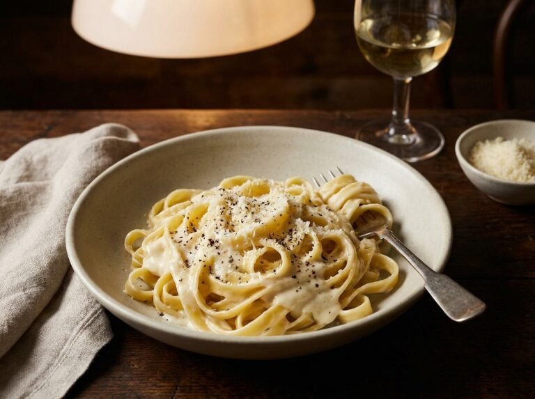 Copycat Olive Garden Alfredo sauce over fettuccine pasta