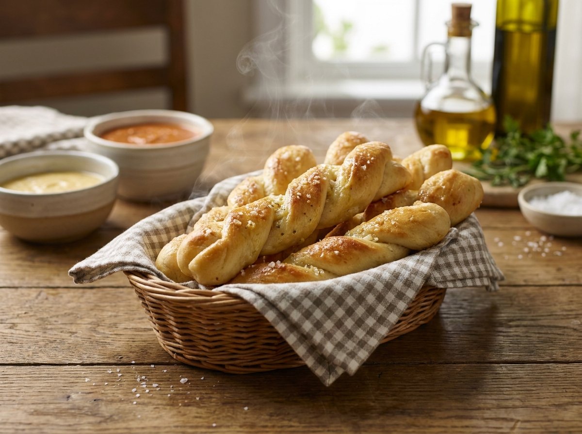 Copycat Olive Garden breadsticks brushed with garlic butter in a cloth-lined basket