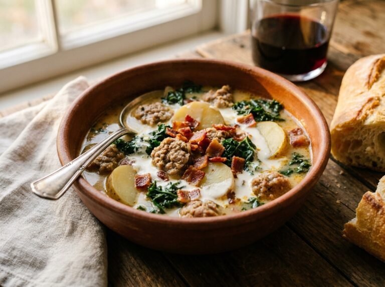 Copycat Olive Garden Zuppa Toscana soup with sausage, potato, and kale