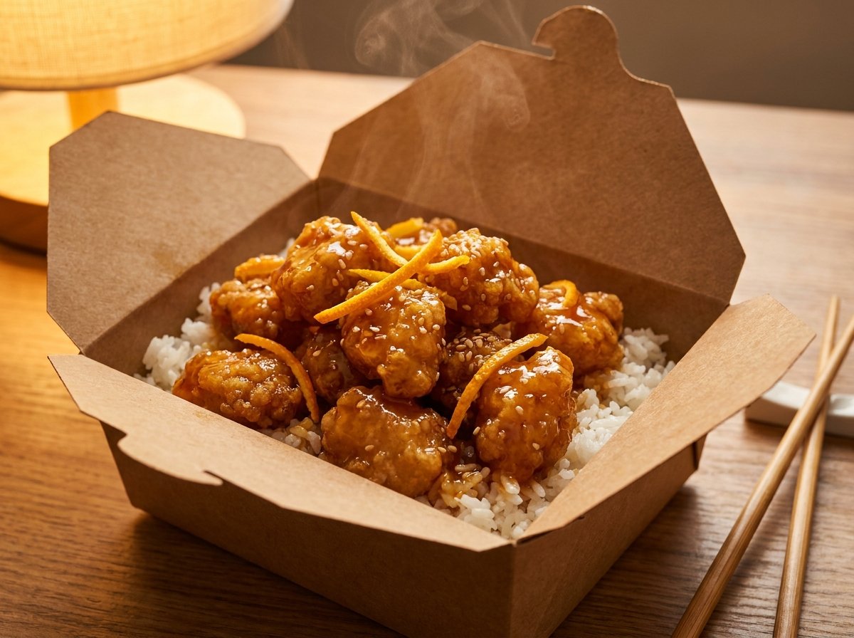 Copycat Panda Express orange chicken over rice