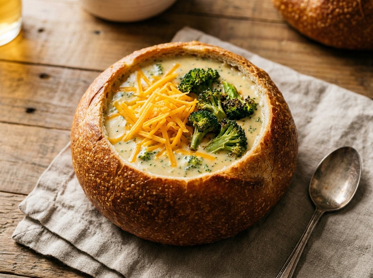 Copycat Panera broccoli cheddar soup served in a sourdough bread bowl
