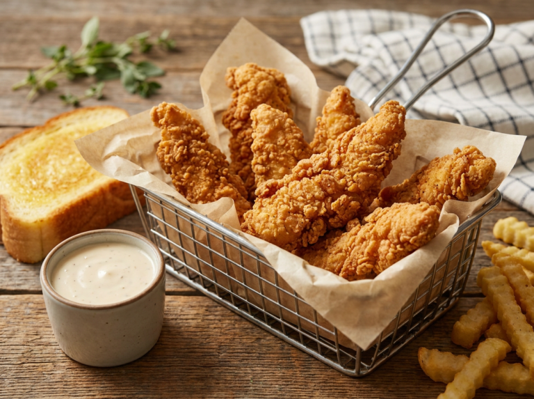 Copycat Raising Cane's crispy chicken fingers with dipping sauce and Texas toast