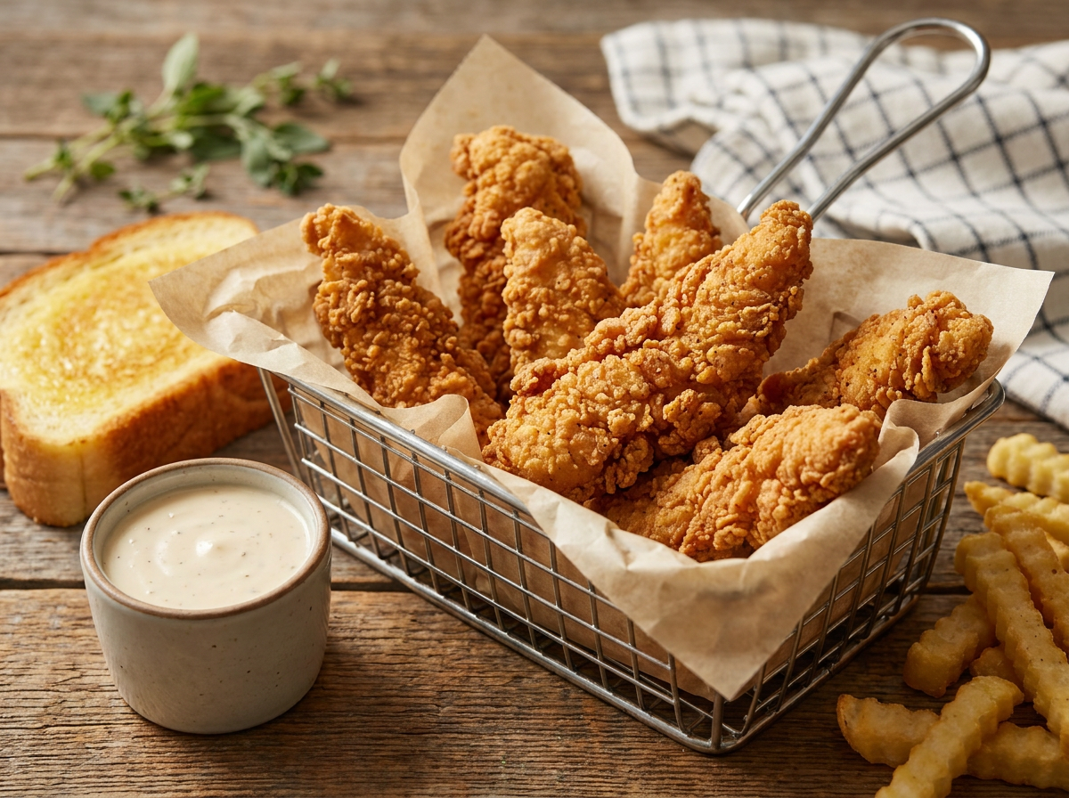Copycat Raising Cane's crispy chicken fingers with dipping sauce and Texas toast