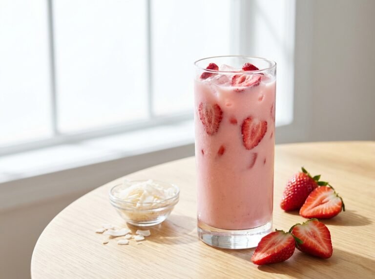 Copycat Starbucks Pink Drink in a tall glass with ice and freeze-dried strawberries