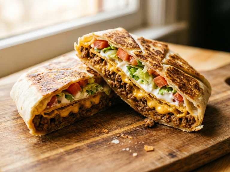 Copycat Taco Bell Crunchwrap Supreme cut in half showing layers