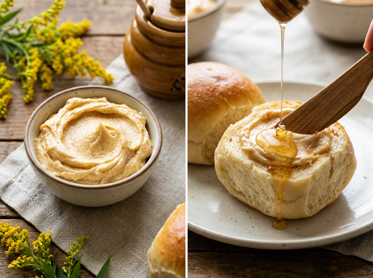 Copycat Texas Roadhouse cinnamon honey butter being spread on a roll