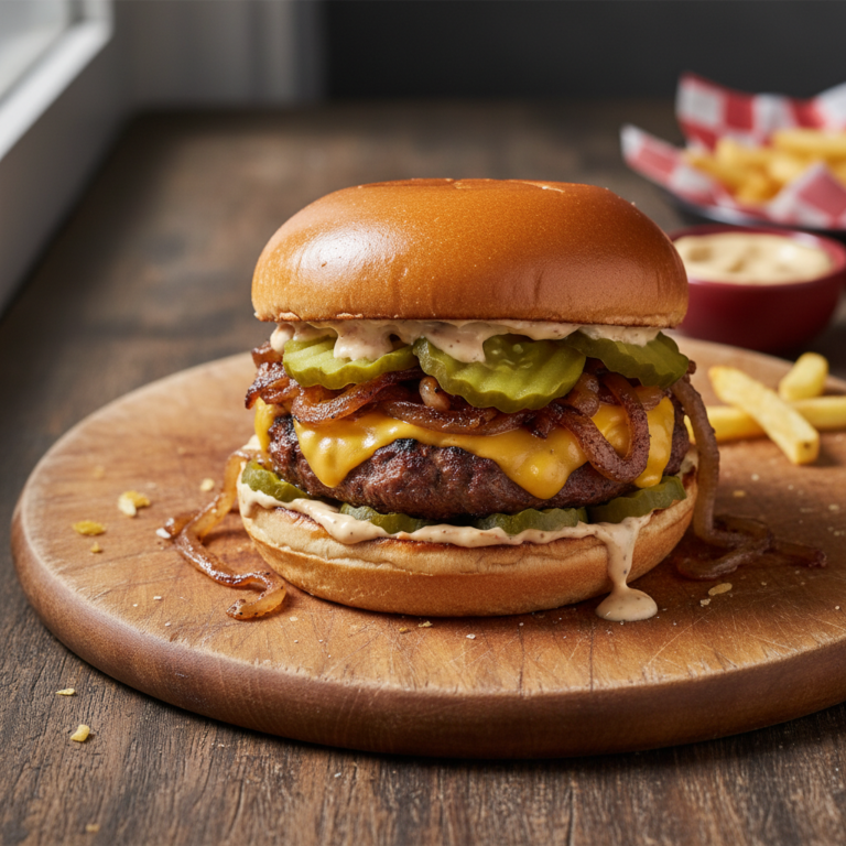 Copycat In-N-Out Animal Style Burger with caramelized onions