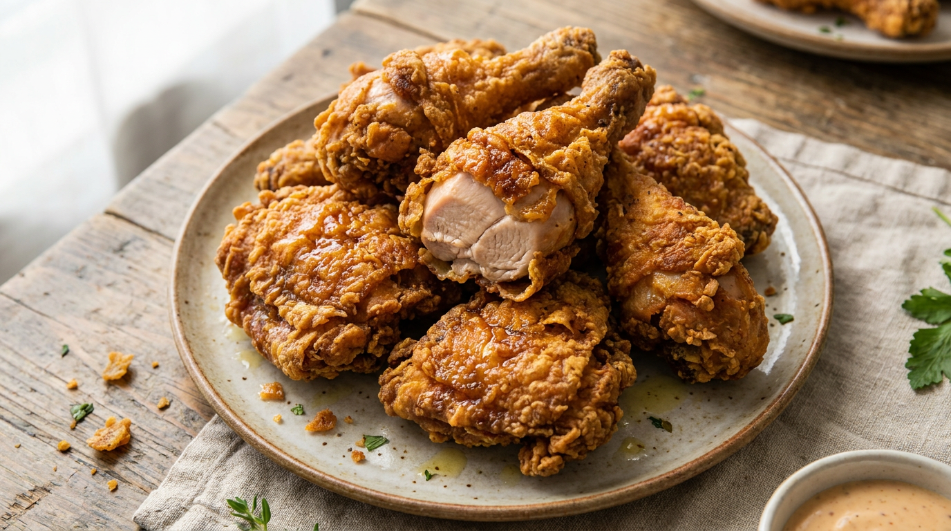 Copycat KFC Original Fried Chicken pieces, crispy and golden