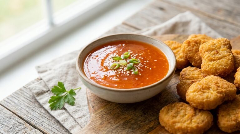 Copycat McDonald's Sweet and Sour Sauce with chicken nuggets