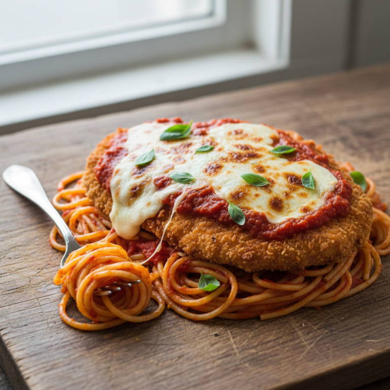 Copycat Olive Garden Chicken Parmigiana over spaghetti