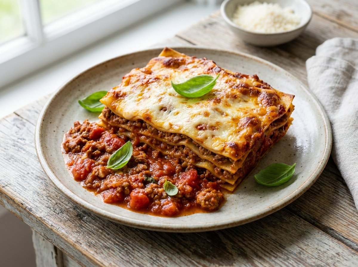 Copycat Olive Garden Lasagna Classico slice with melted cheese