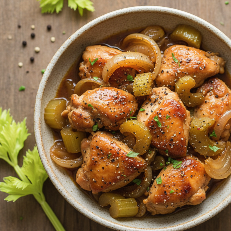 Copycat Panda Express Black Pepper Chicken with celery and onion