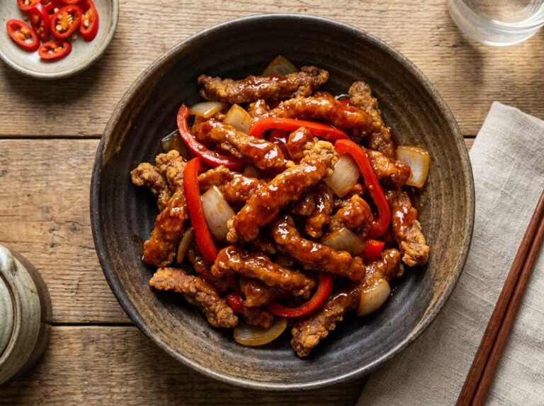 Copycat Panda Express Beijing Beef with peppers and onion
