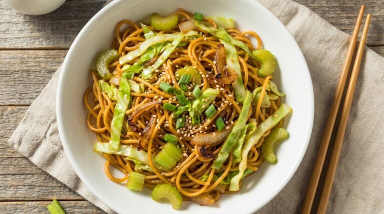 Copycat Panda Express Chow Mein noodles with cabbage and celery