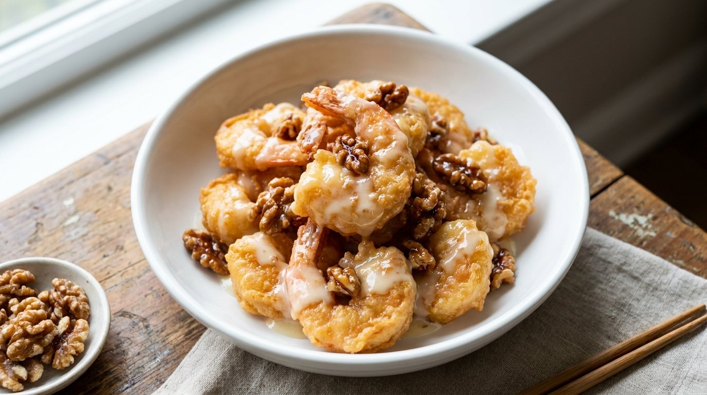 Copycat Panda Express Honey Walnut Shrimp with candied walnuts