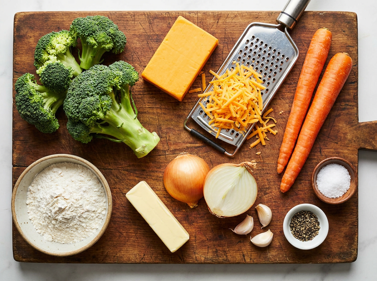 Ingredients for copycat Panera broccoli cheddar soup on a wooden board