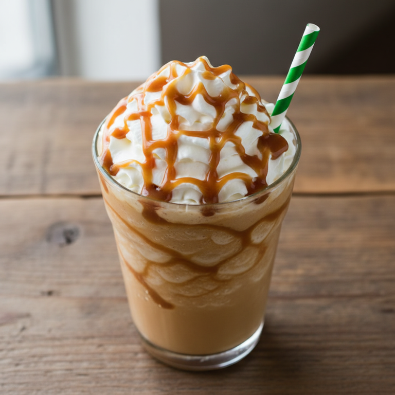 Copycat Starbucks Caramel Frappuccino with whipped cream