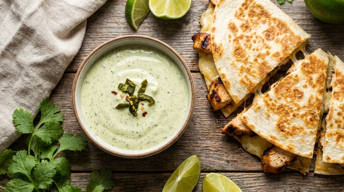 Copycat Taco Bell Quesadilla Sauce beside a chicken quesadilla