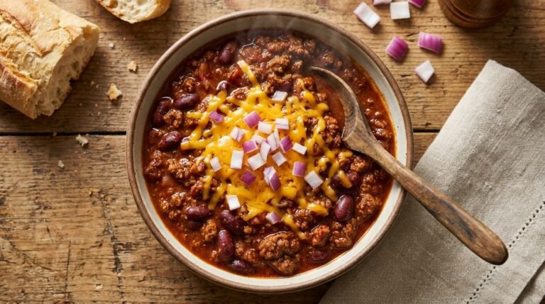 Copycat Wendy's Chili topped with cheddar and onion